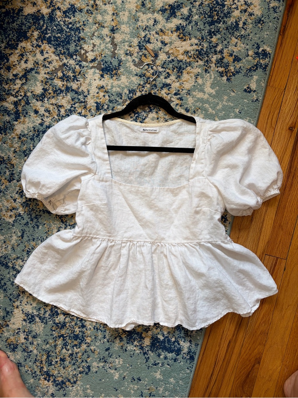 Reformation White Square Neck Puff Sleeve Peplum Top